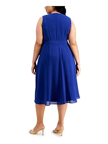 Jessica Howard Women's Size Fit and Flare Dress with Keyhole Neck and Ruffle Faux Wrap Skirt and Tie Sash, Royal, 24 Plus