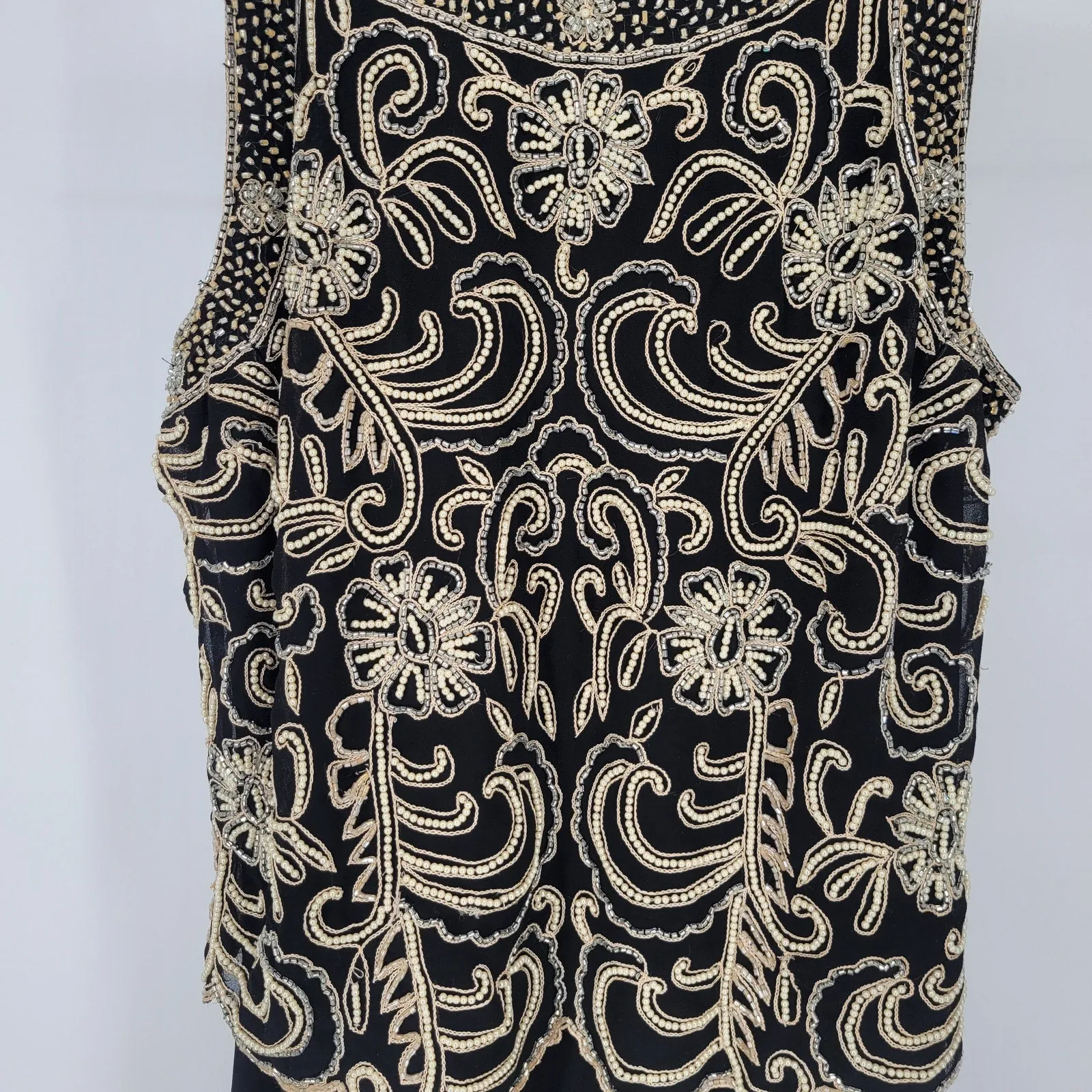 JKARA Womens Sz 12 Maxi Length Formal Dress Black Gold A Line Beaded Top