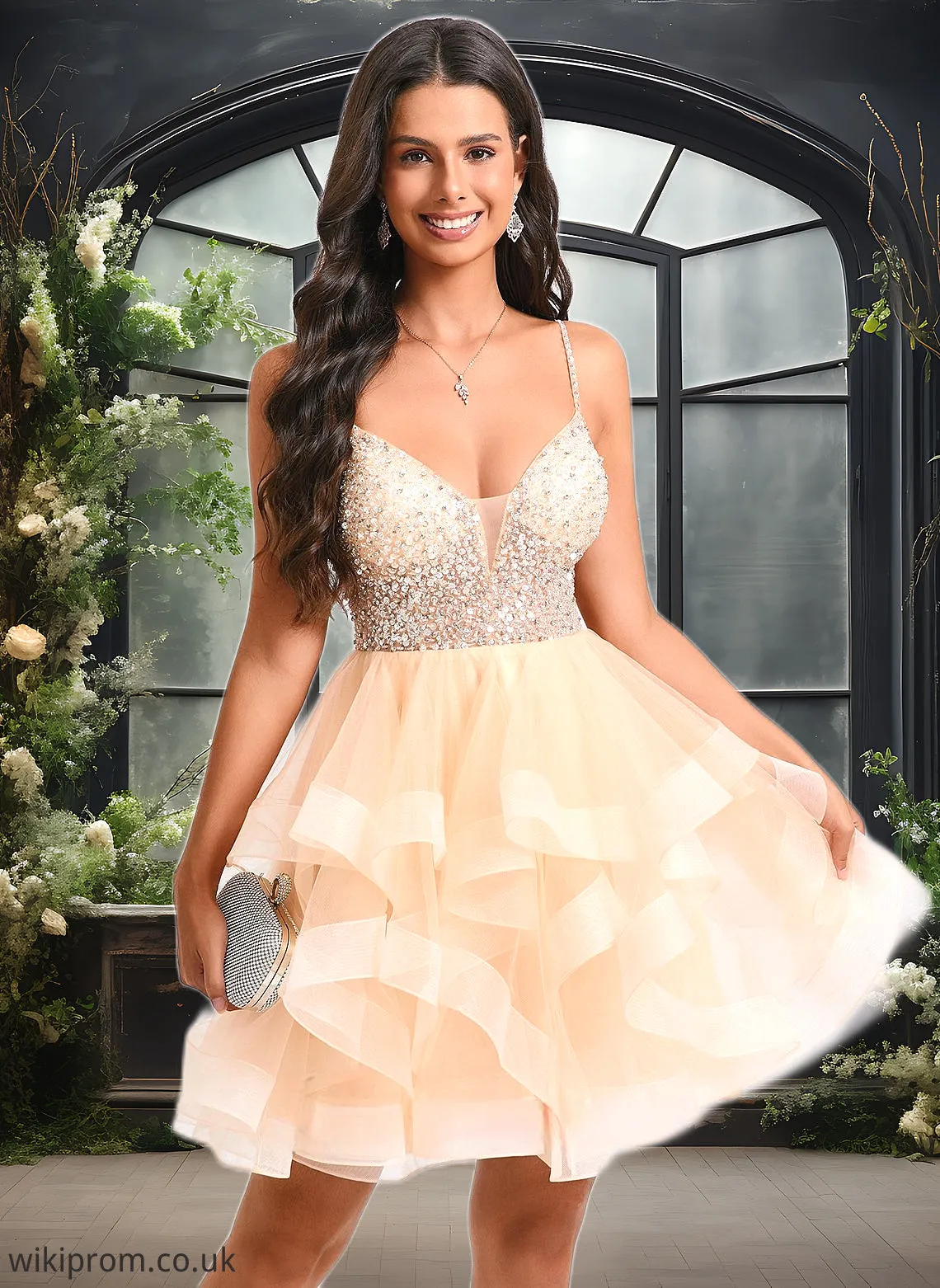 Kassidy Ball-Gown/Princess V-Neck Short Tulle Homecoming Dress With Beading Sequins SWKP0025646