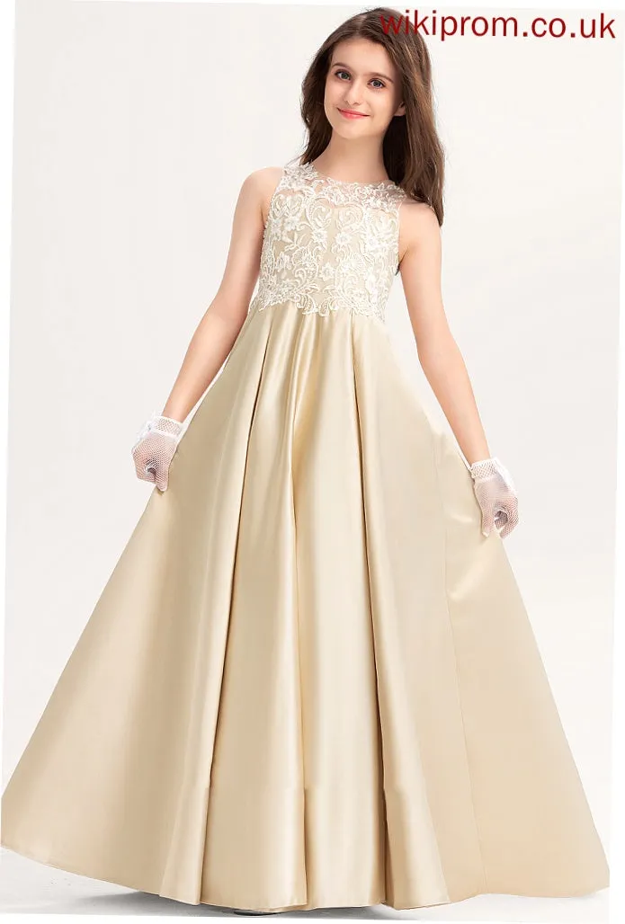 Lace Scoop Neck Satin Adeline Floor-Length Ball-Gown/Princess Junior Bridesmaid Dresses