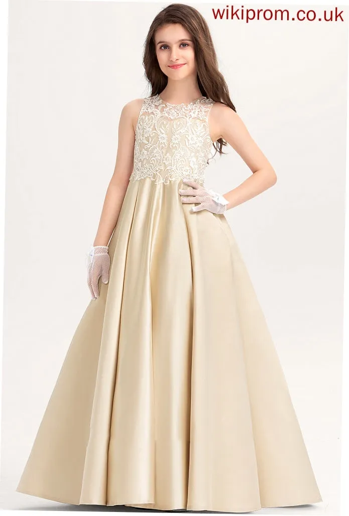 Lace Scoop Neck Satin Adeline Floor-Length Ball-Gown/Princess Junior Bridesmaid Dresses