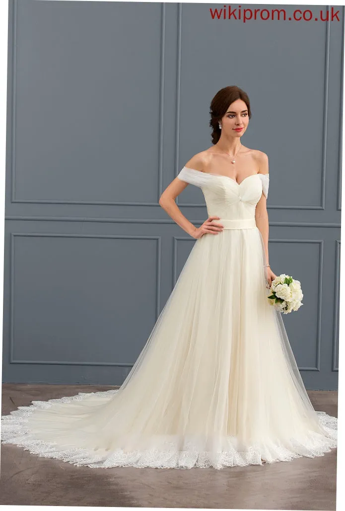 Lace With Wedding Dresses Ball-Gown/Princess Veronica Court Dress Ruffle Tulle Train Off-the-Shoulder Wedding