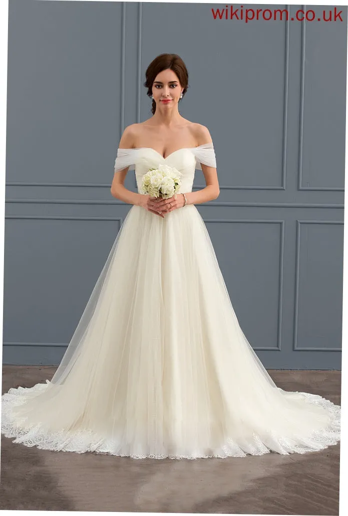 Lace With Wedding Dresses Ball-Gown/Princess Veronica Court Dress Ruffle Tulle Train Off-the-Shoulder Wedding