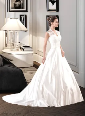 Lara Ball-Gown/Princess V-neck Court Train Satin Lace Wedding Dress With Ruffle SWKP0013688