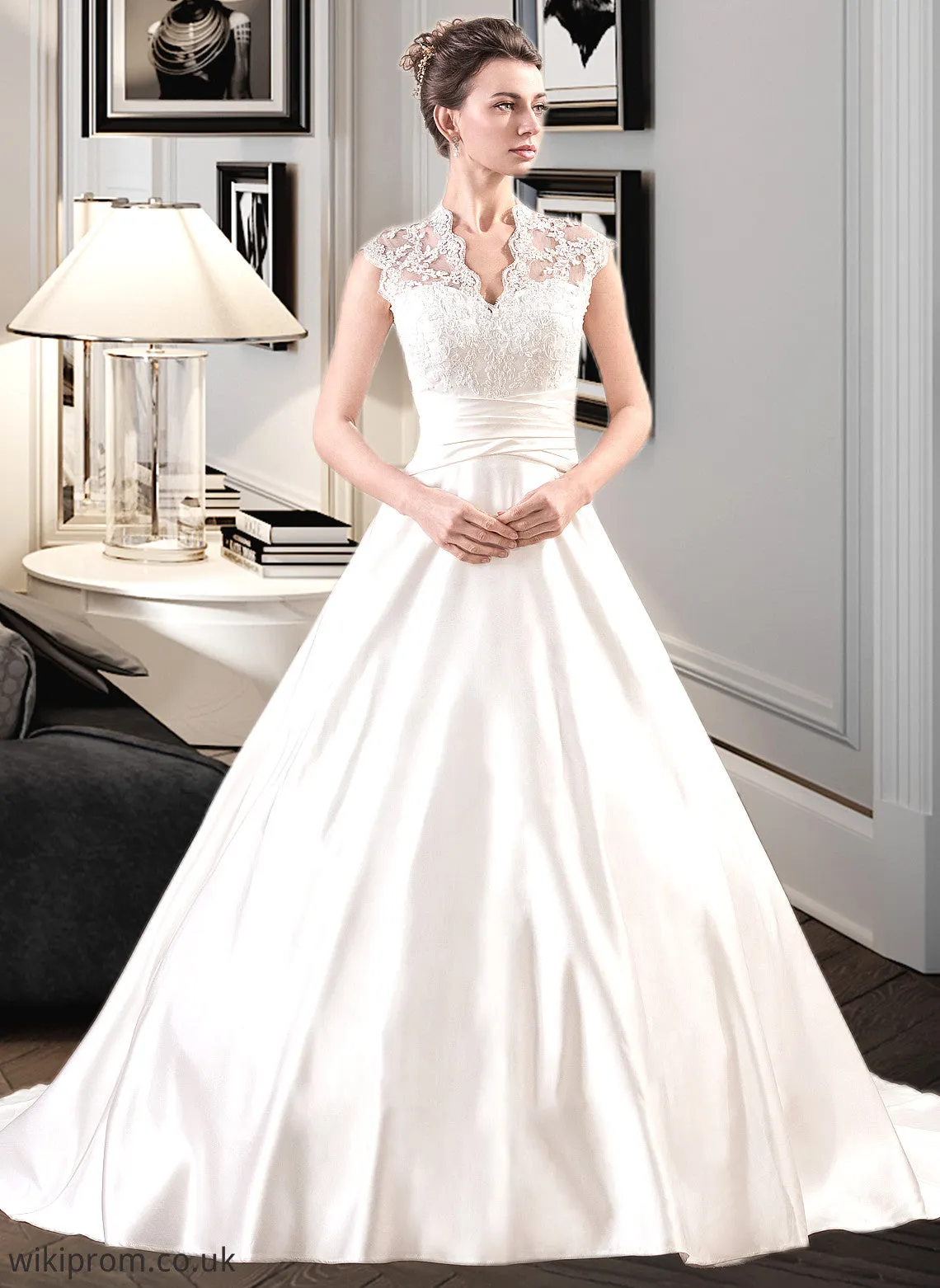 Lara Ball-Gown/Princess V-neck Court Train Satin Lace Wedding Dress With Ruffle SWKP0013688