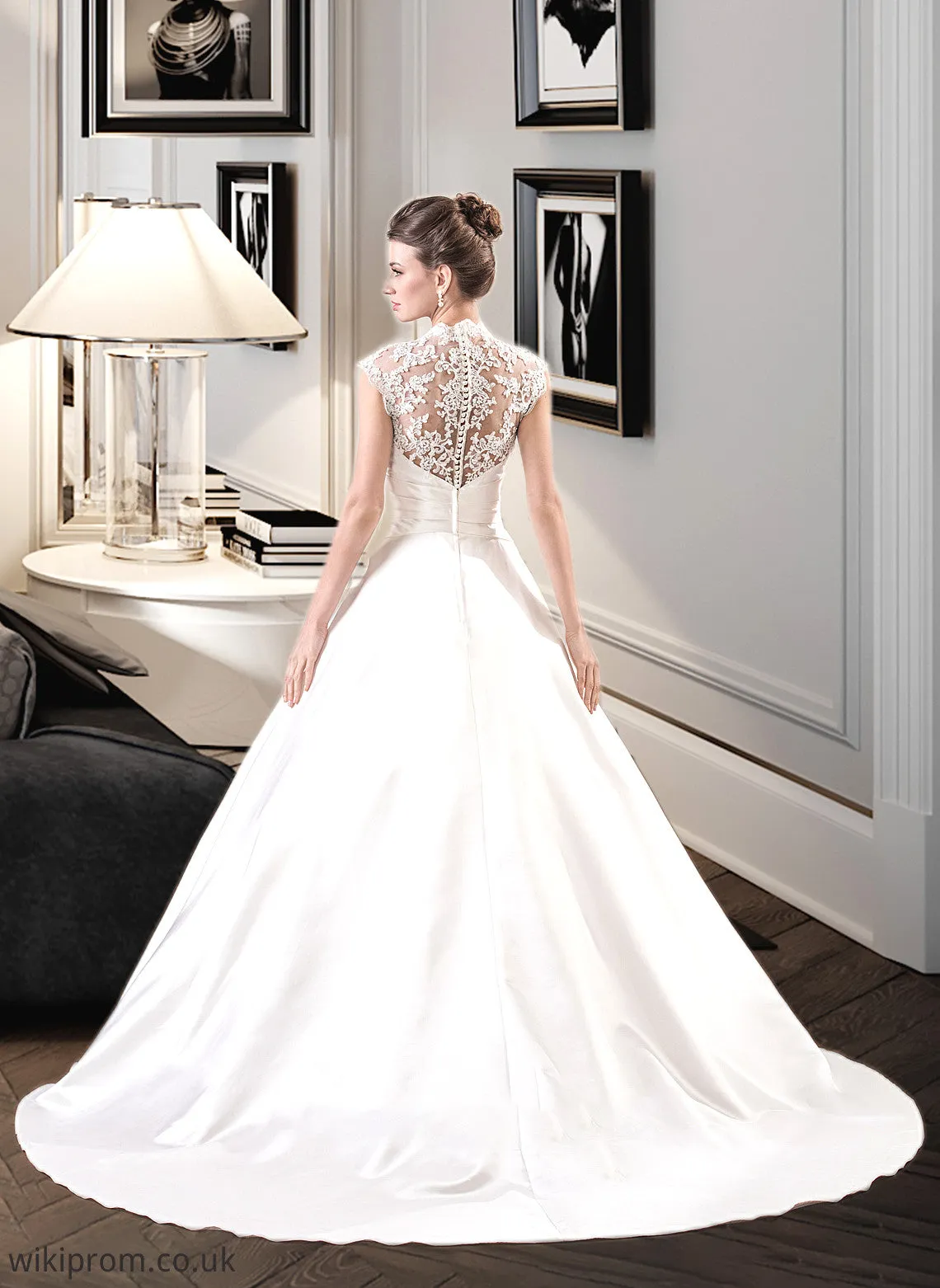 Lara Ball-Gown/Princess V-neck Court Train Satin Lace Wedding Dress With Ruffle SWKP0013688