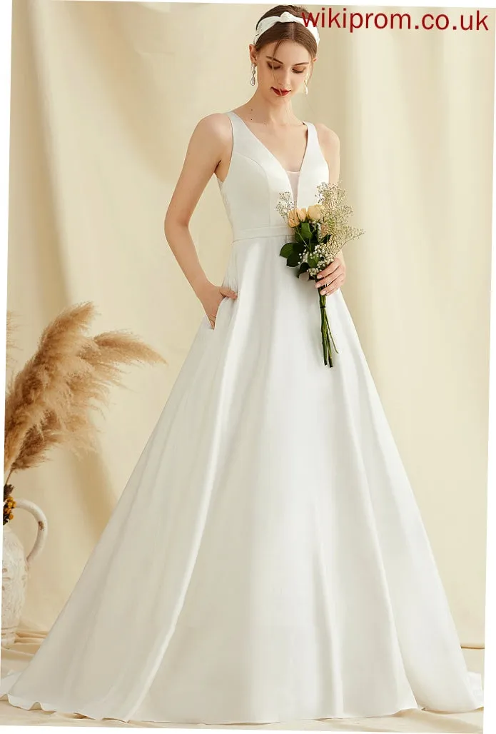 Layla V-neck Lace Train Dress Satin Sweep Pockets Wedding Wedding Dresses With Ball-Gown/Princess