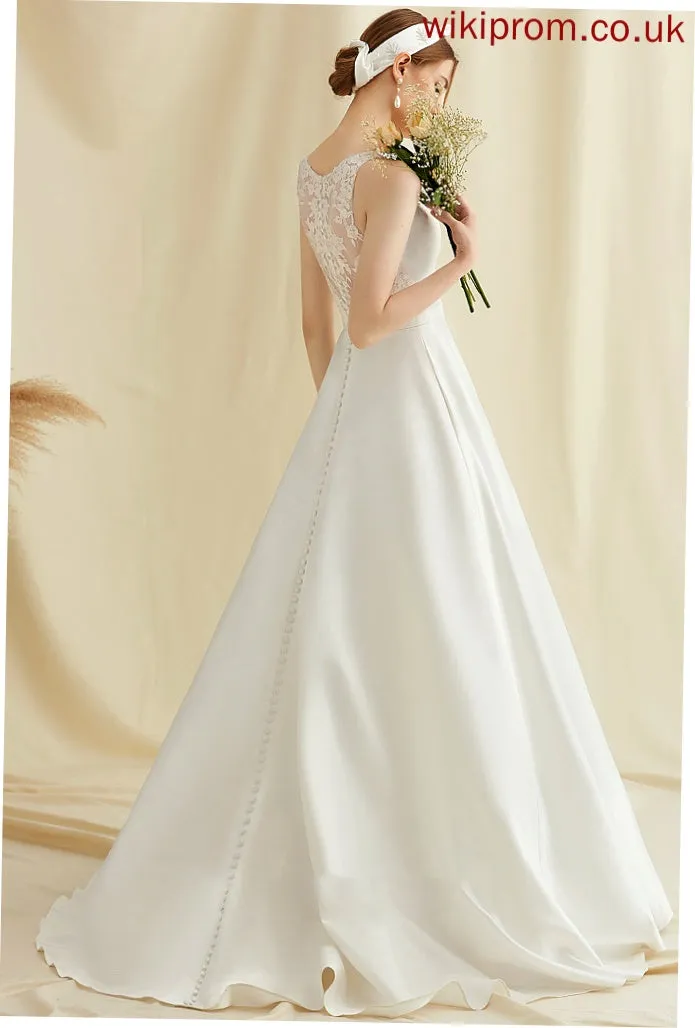 Layla V-neck Lace Train Dress Satin Sweep Pockets Wedding Wedding Dresses With Ball-Gown/Princess