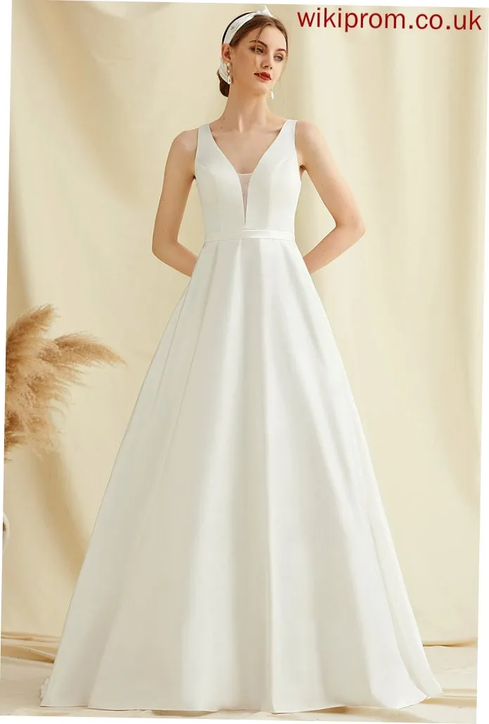 Layla V-neck Lace Train Dress Satin Sweep Pockets Wedding Wedding Dresses With Ball-Gown/Princess