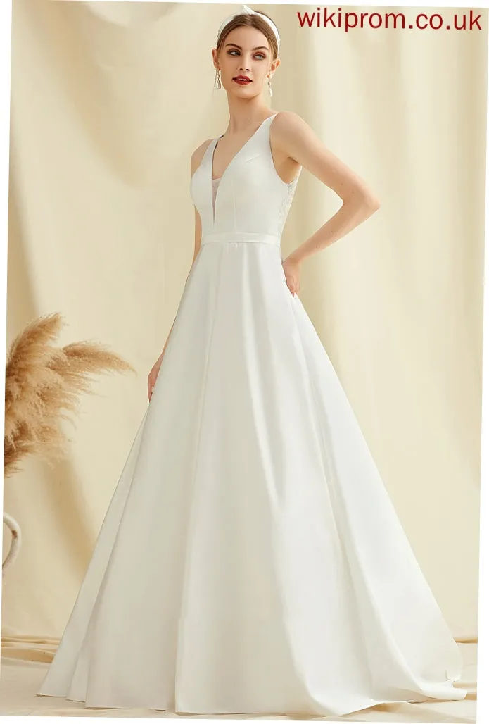 Layla V-neck Lace Train Dress Satin Sweep Pockets Wedding Wedding Dresses With Ball-Gown/Princess