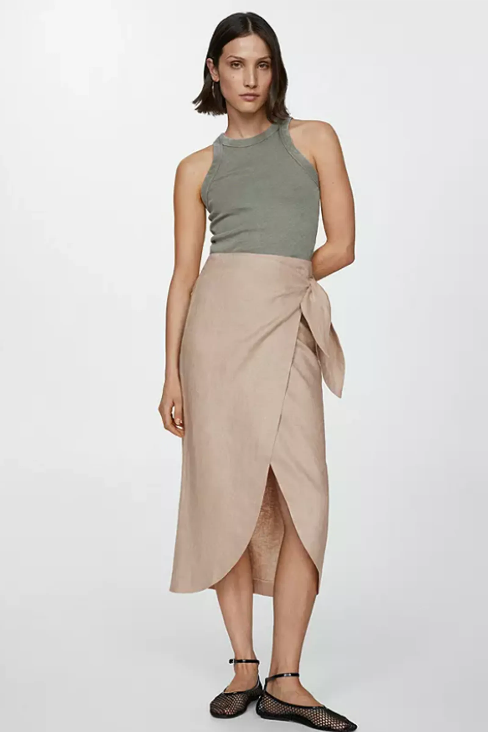 Linen Wrap Midi Skirt, Grey