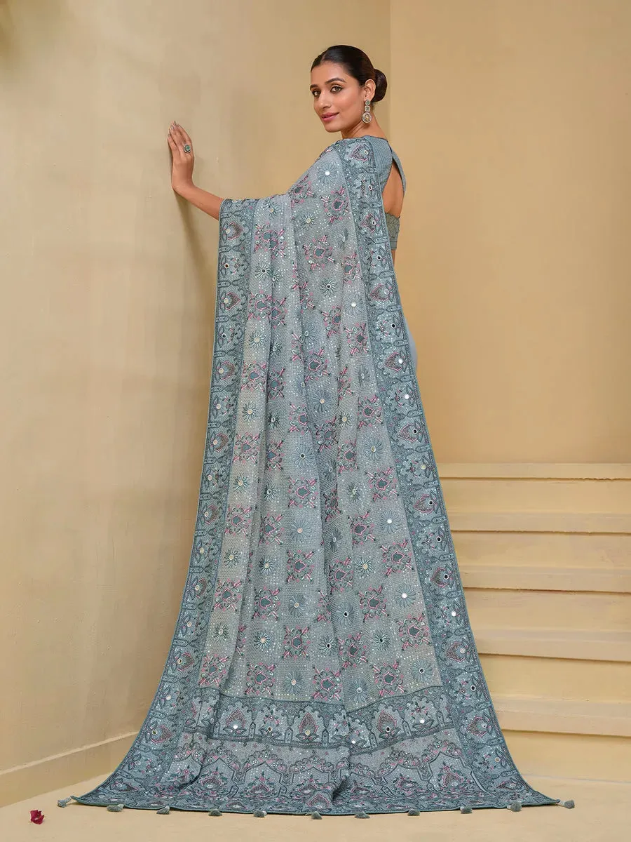 Luxurious Grey Banarasi Silk Embroidered Saree