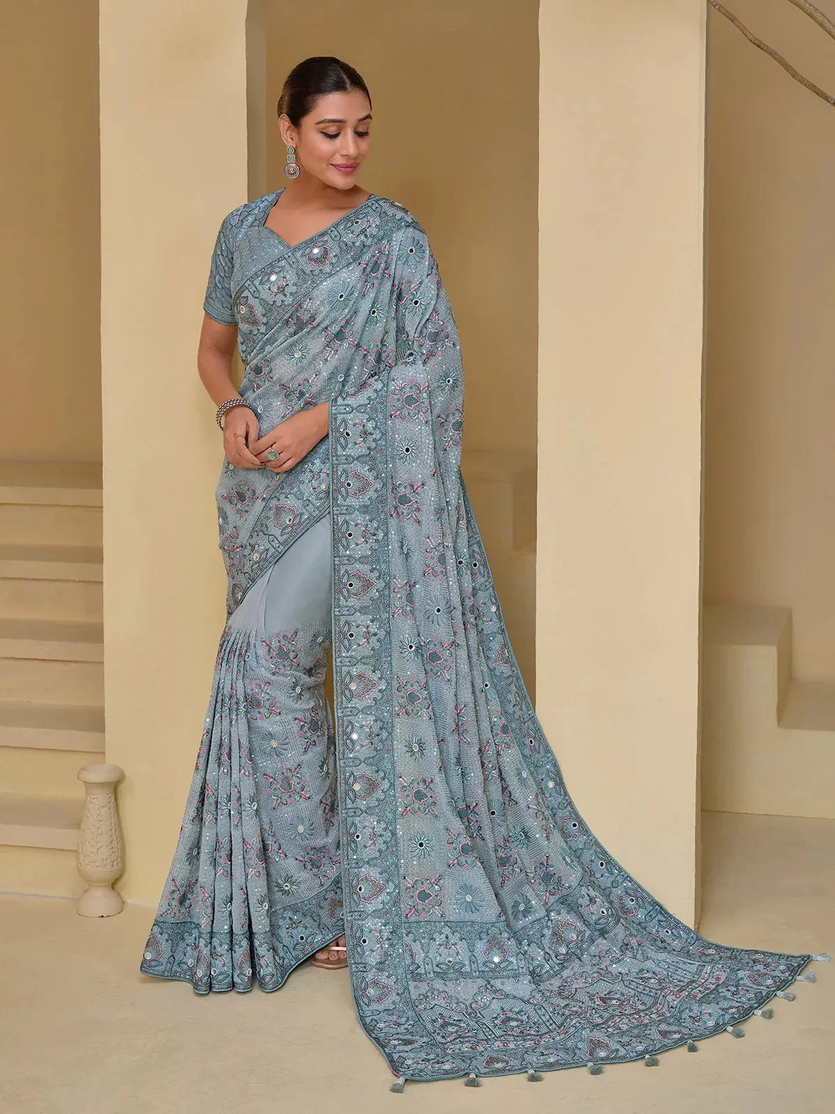 Luxurious Grey Banarasi Silk Embroidered Saree