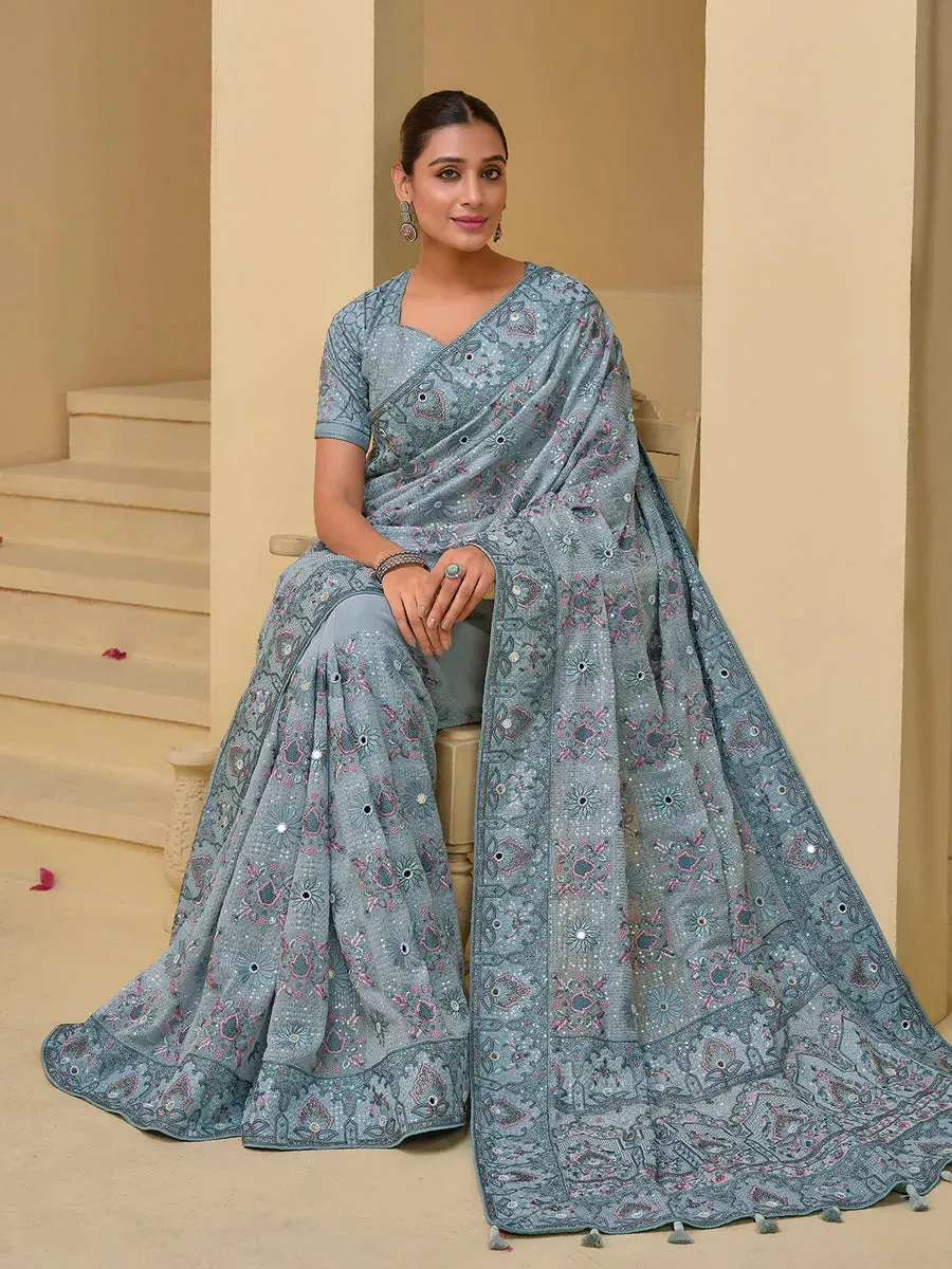 Luxurious Grey Banarasi Silk Embroidered Saree