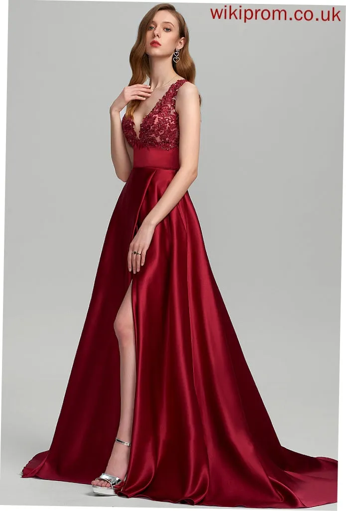 Magdalena With Prom Dresses Train Ball-Gown/Princess Sweep Satin Sequins Split V-neck Front