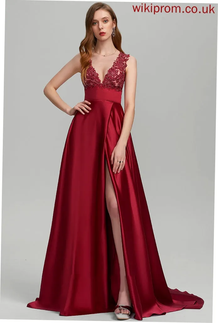 Magdalena With Prom Dresses Train Ball-Gown/Princess Sweep Satin Sequins Split V-neck Front