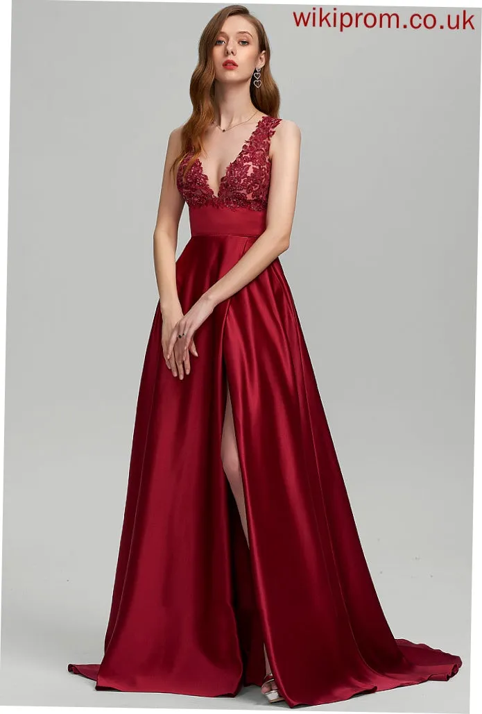 Magdalena With Prom Dresses Train Ball-Gown/Princess Sweep Satin Sequins Split V-neck Front