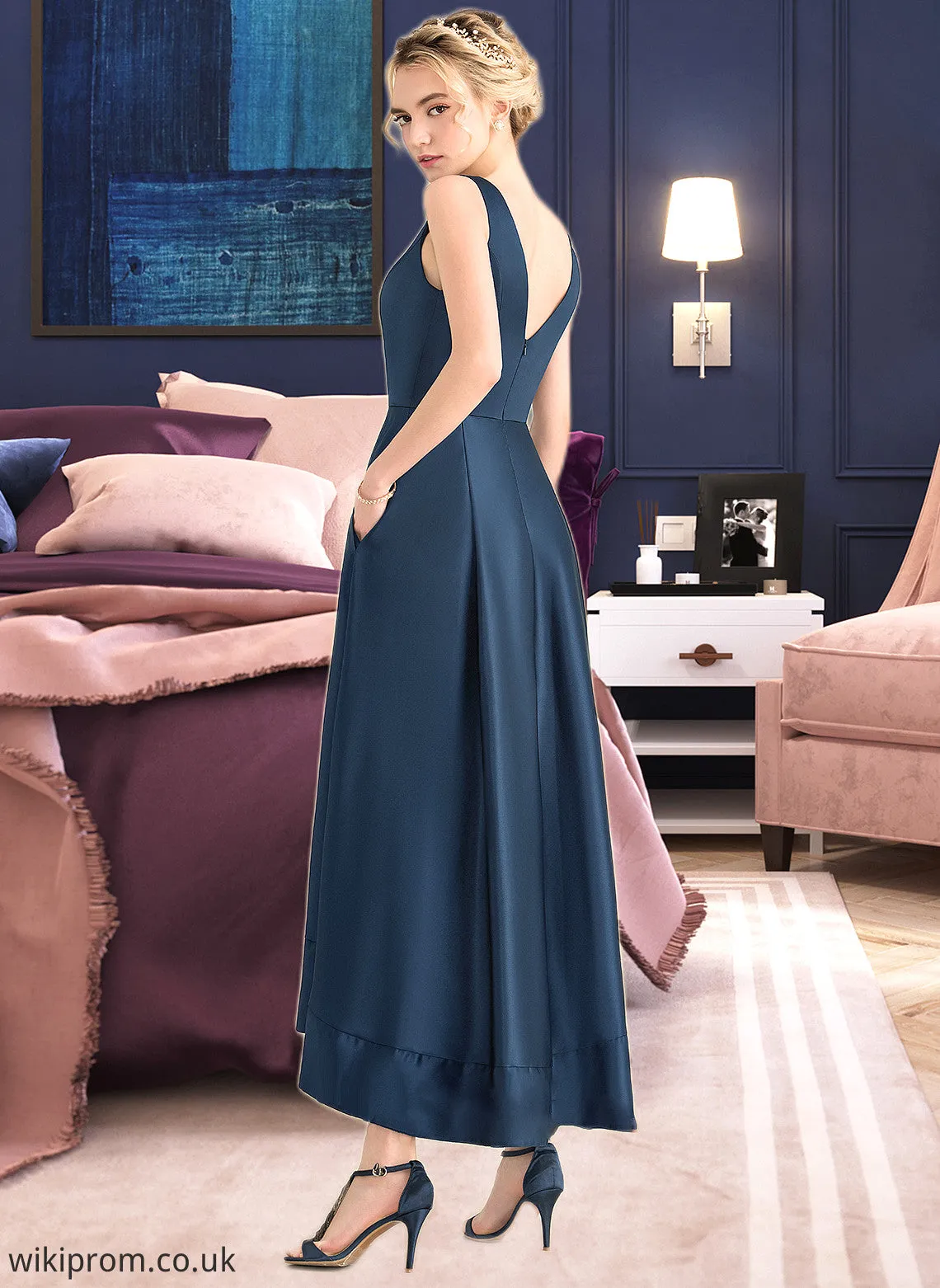 Mariela Ball-Gown/Princess V-neck Asymmetrical Satin Bridesmaid Dress With Pockets SWKP0013251