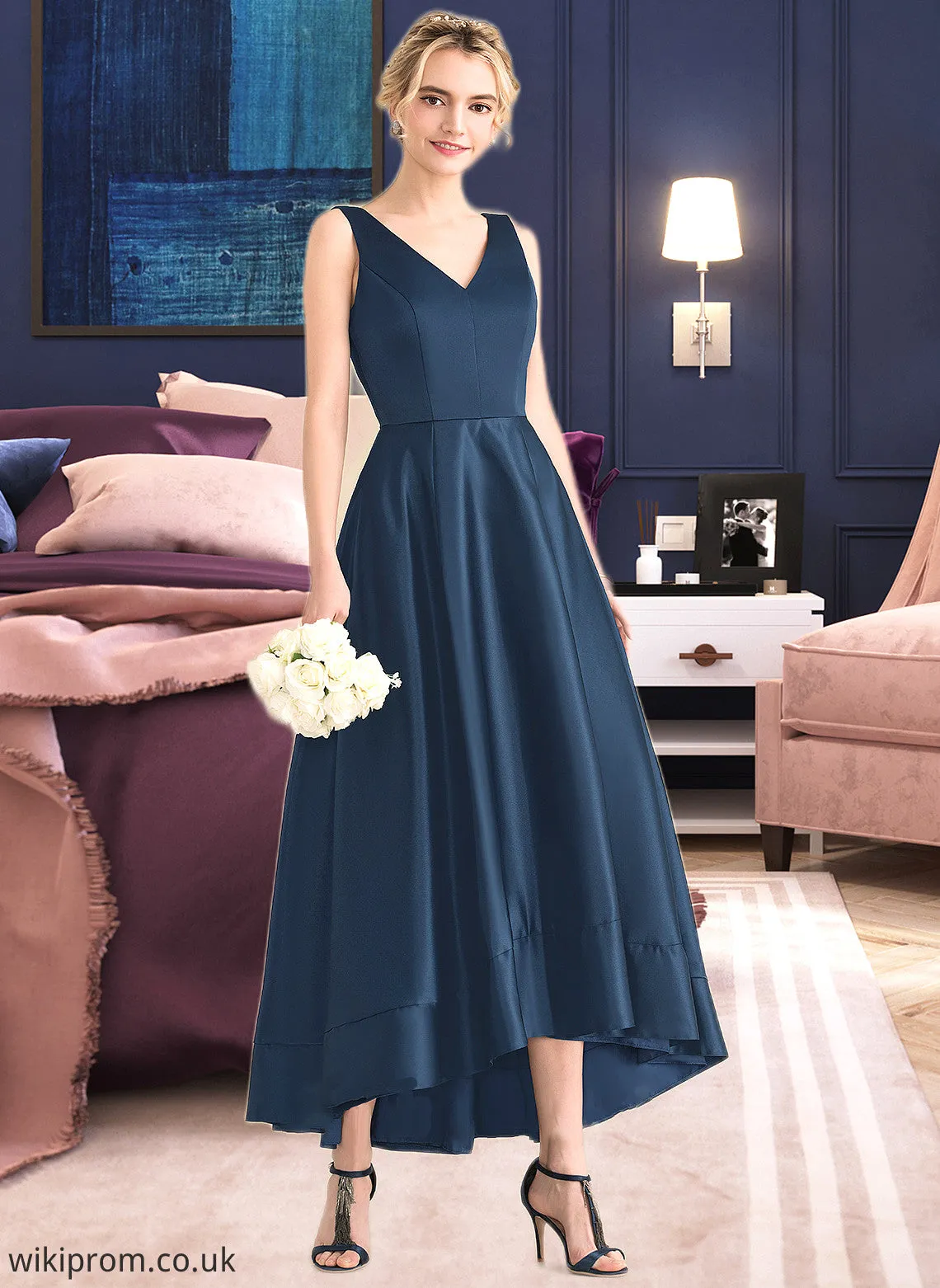 Mariela Ball-Gown/Princess V-neck Asymmetrical Satin Bridesmaid Dress With Pockets SWKP0013251