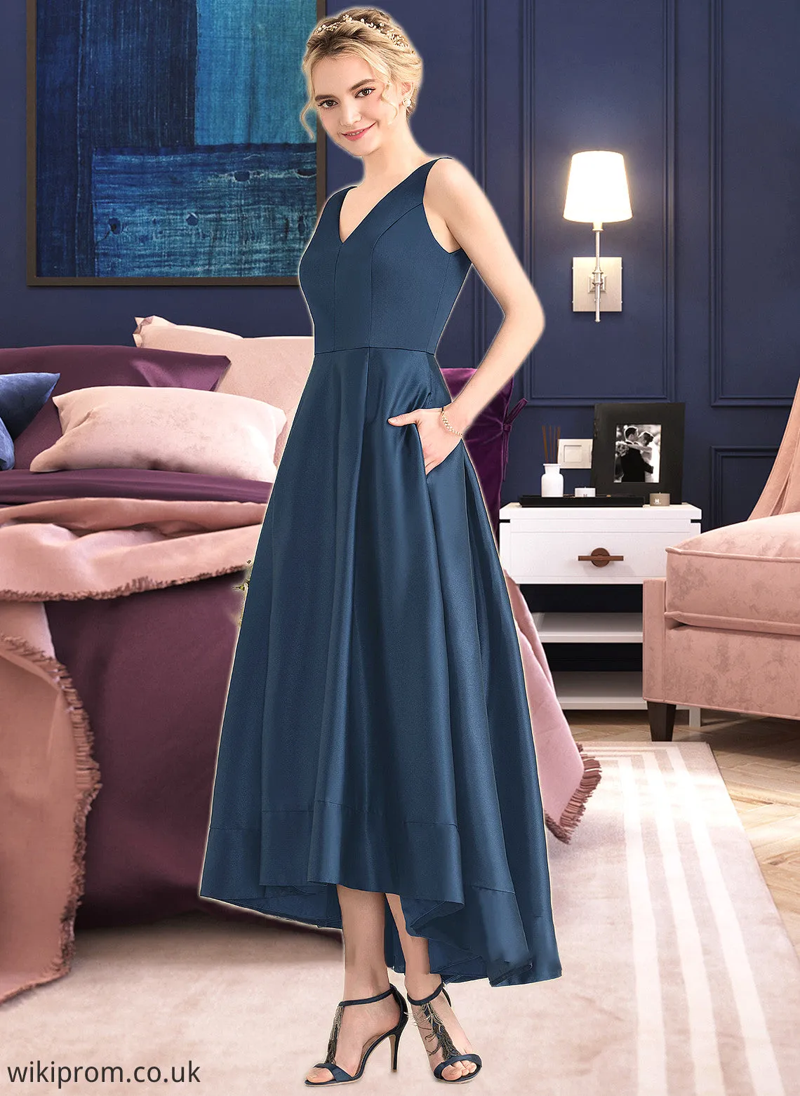 Mariela Ball-Gown/Princess V-neck Asymmetrical Satin Bridesmaid Dress With Pockets SWKP0013251