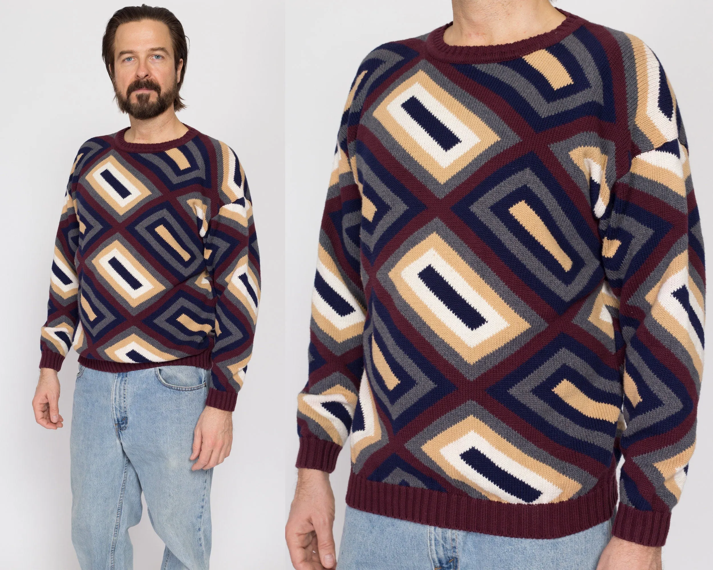 Med-Lrg 90s Geometric Earth Tone Knit Sweater