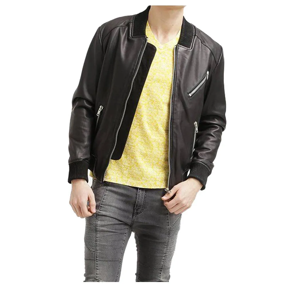 Men Black Bomber Leather Jacket