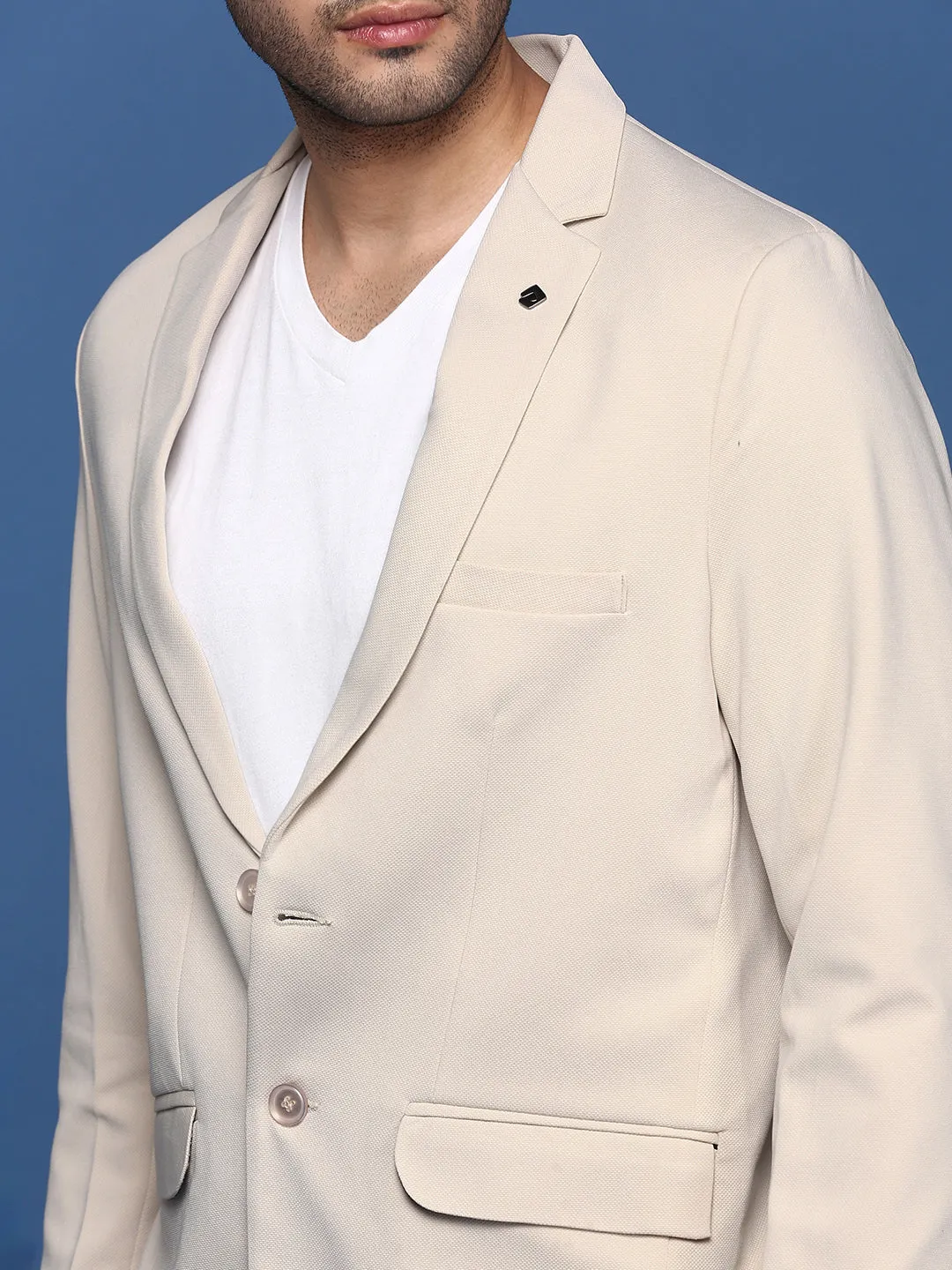 Men Cream Slim Fit Single Breasted Blazer