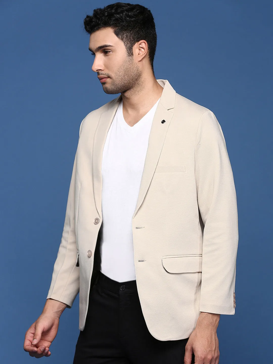 Men Cream Slim Fit Single Breasted Blazer