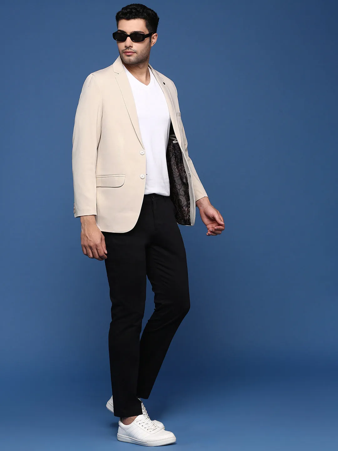 Men Cream Slim Fit Single Breasted Blazer