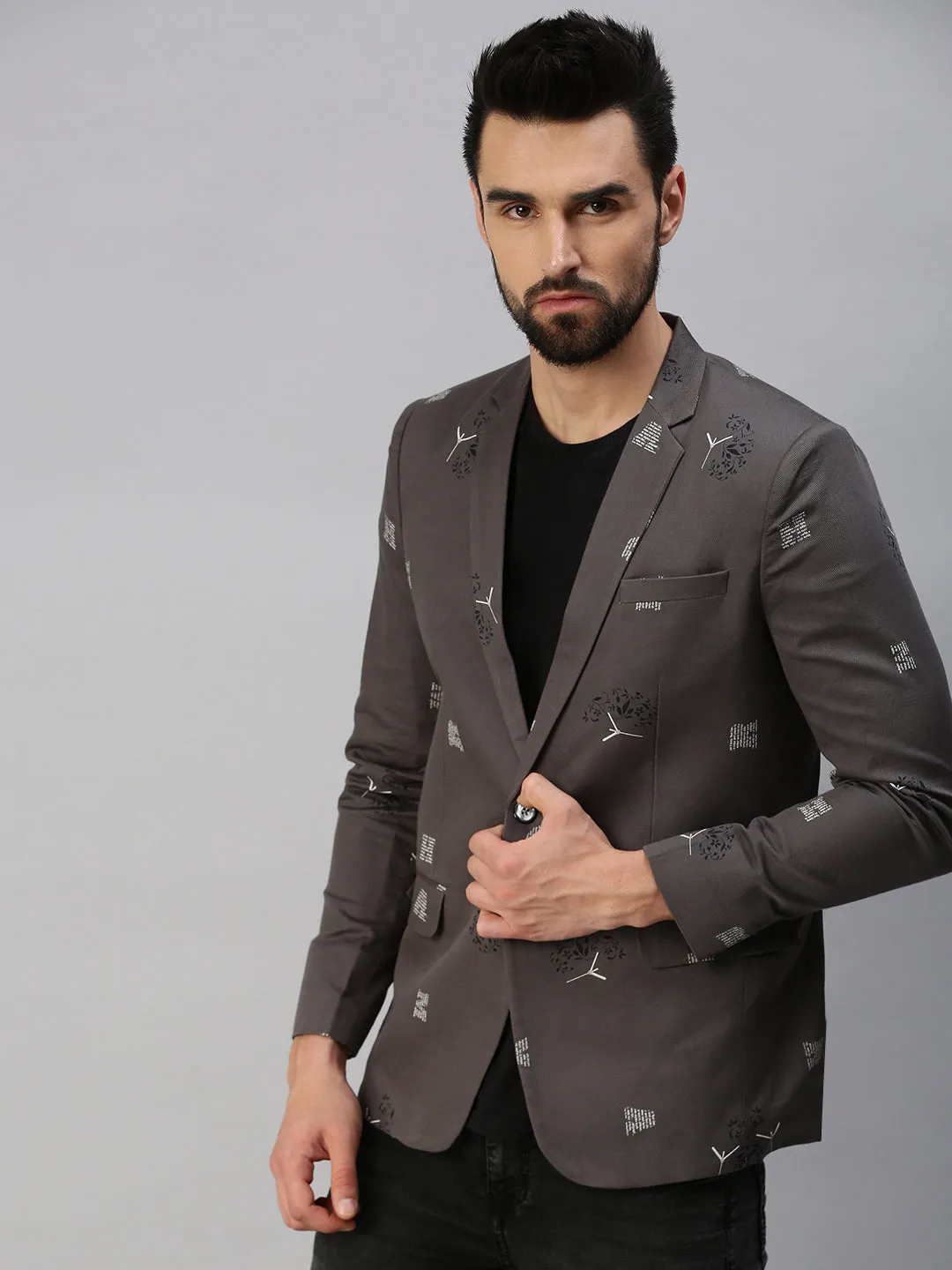 Men Grey Printed Party Blazers