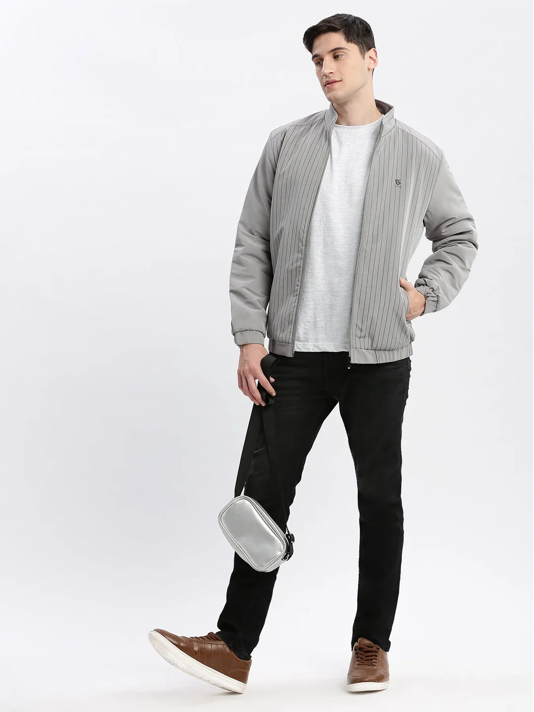 Men Solid Mock Collar Grey Bomber Jacket