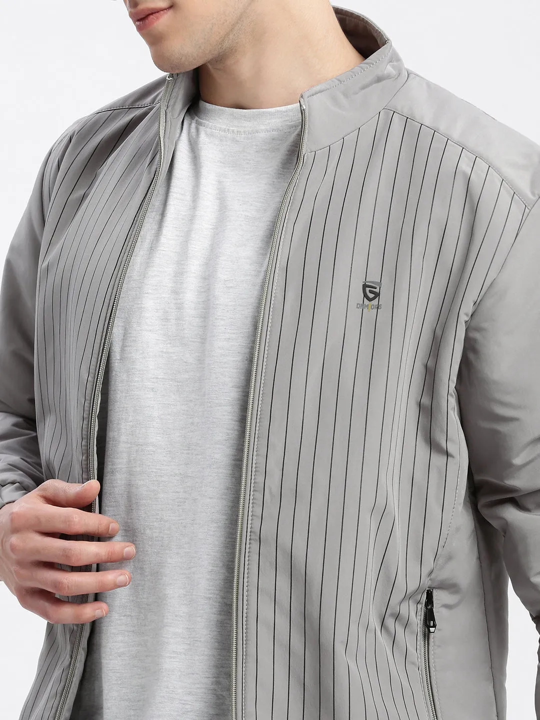 Men Solid Mock Collar Grey Bomber Jacket