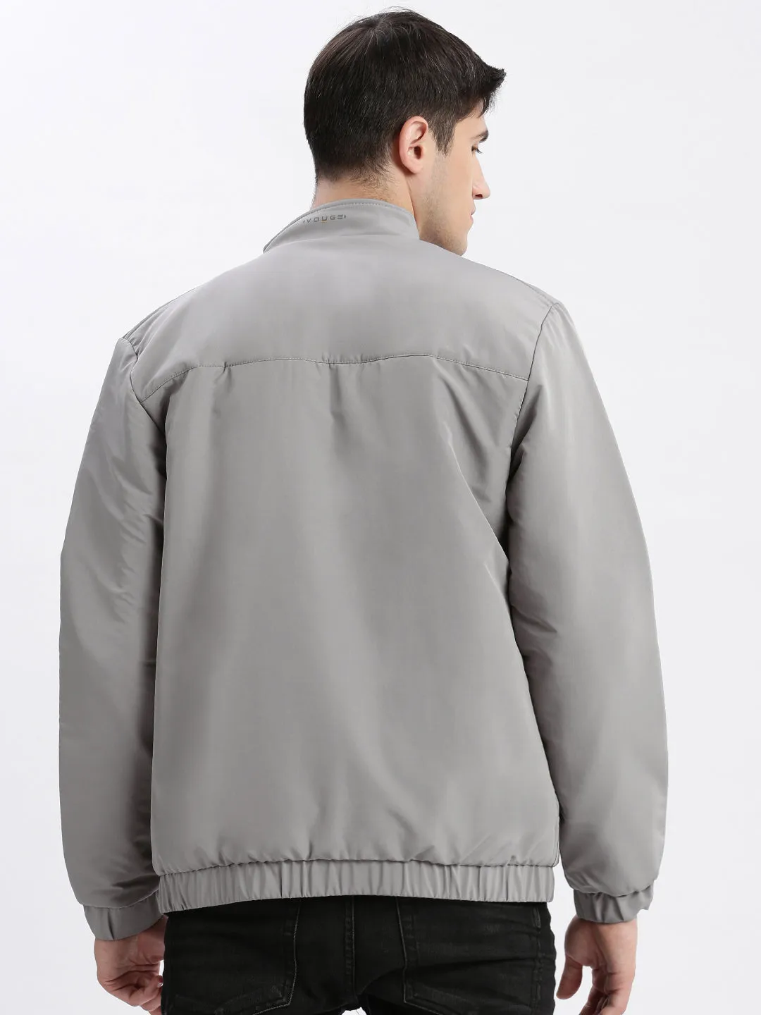 Men Solid Mock Collar Grey Bomber Jacket