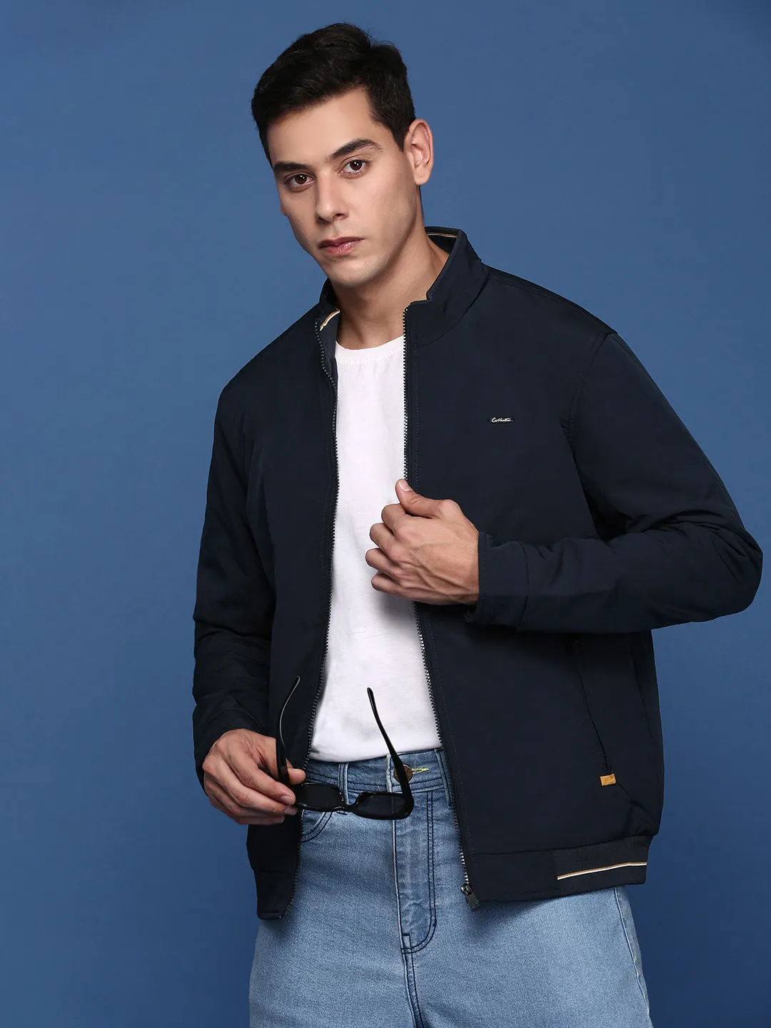 Men Solid Navy Blue Bomber Jacket