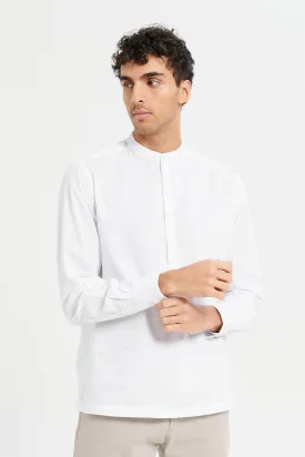 Men White Linen Blend Polo Collar Shirt