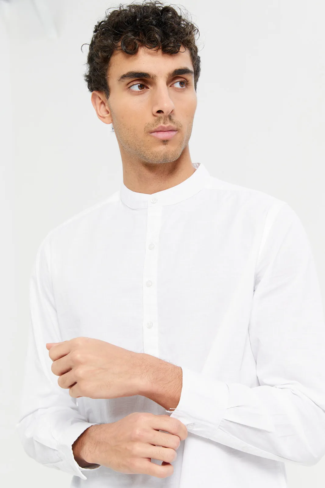 Men White Linen Blend Polo Collar Shirt