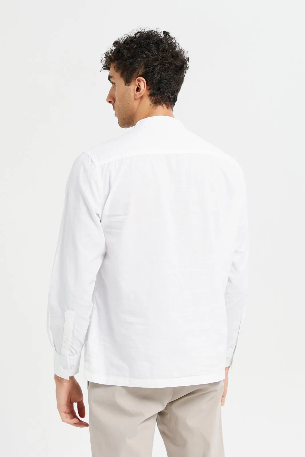 Men White Linen Blend Polo Collar Shirt