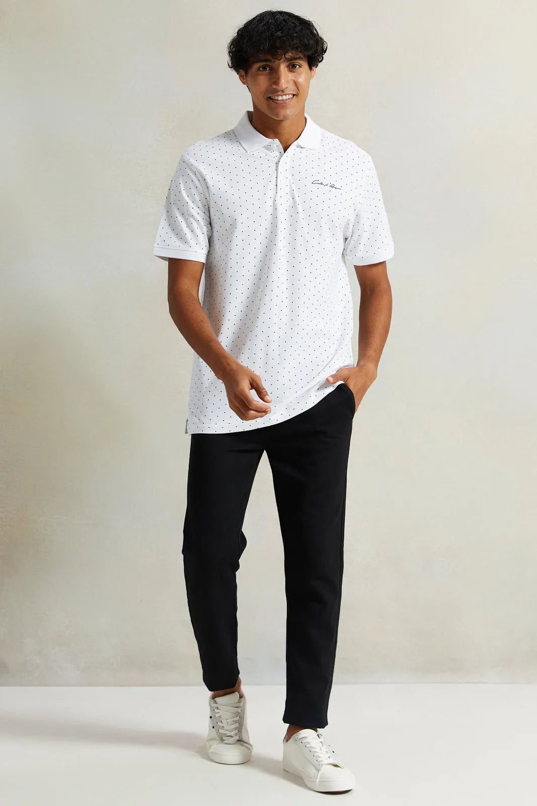 Men White Printed Polo Shirt With Chest Logo