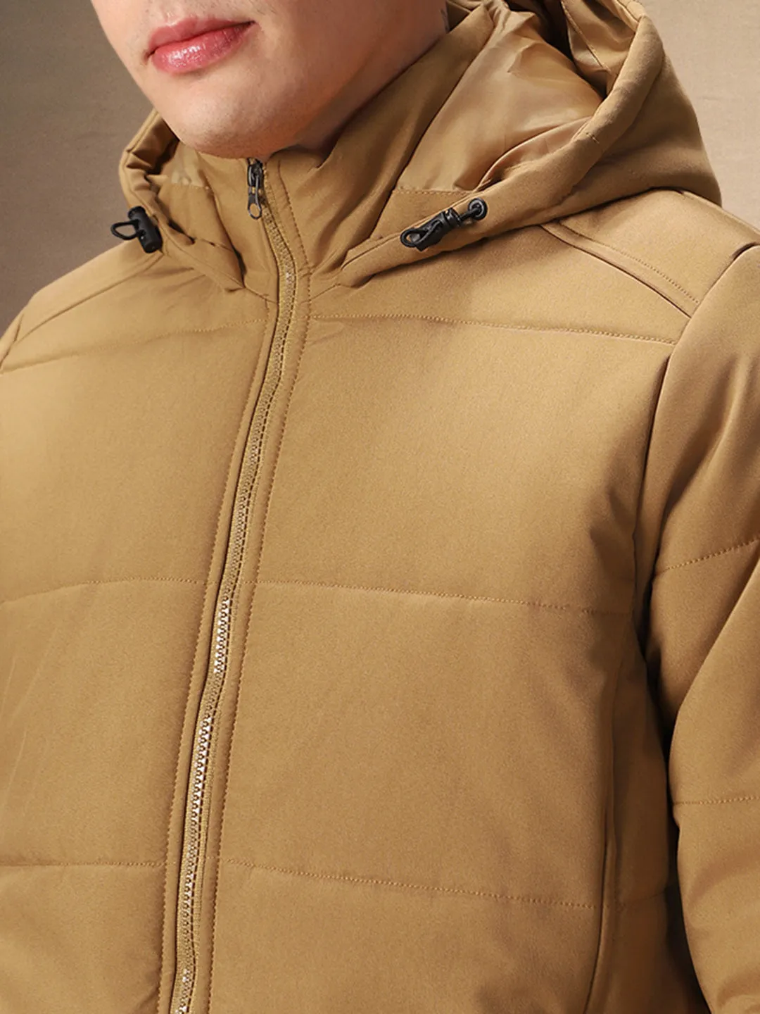 Men's Beige Solid Hooded Full Sleeves Jacket