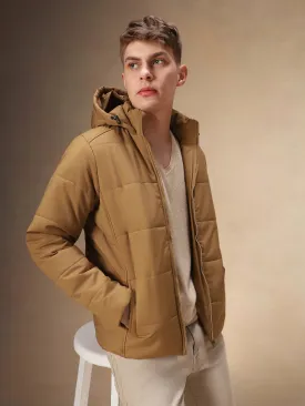 Men's Beige Solid Hooded Full Sleeves Jacket