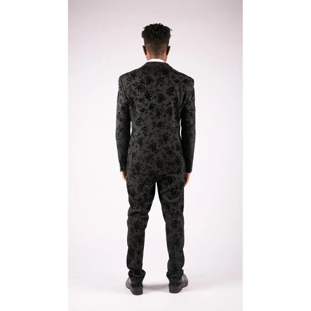 Mens Black 3 Piece Suit Paisley Velvet Wedding Grrom Best Man Tailored Fit