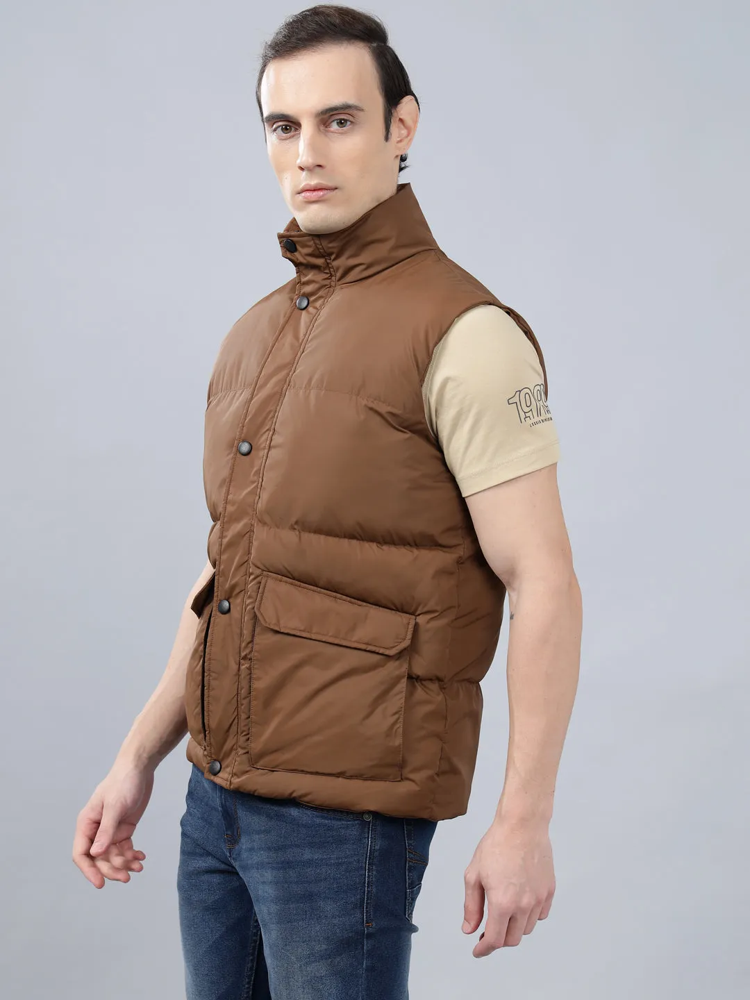 Men's Brown Solid Mock Neck Winter Jacket