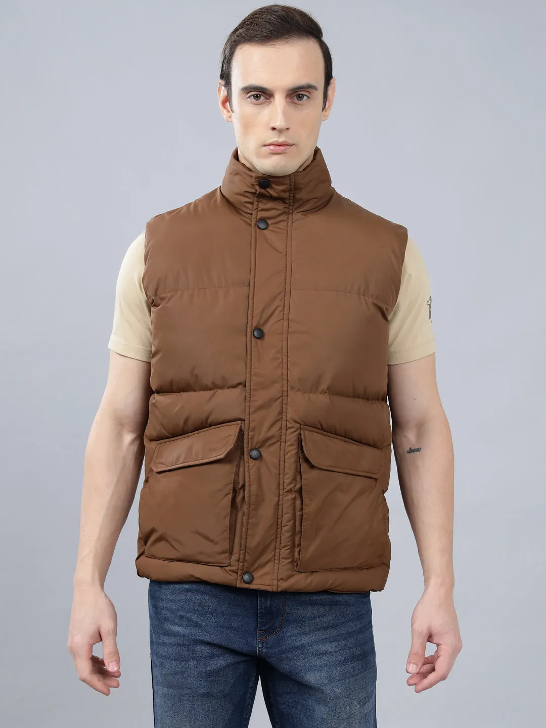 Men's Brown Solid Mock Neck Winter Jacket