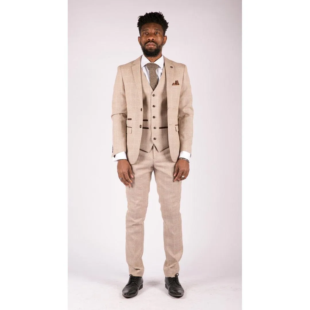 Mens Check Tweed Beige Brown 3 Piece Suit Wedding Prom Vintage Retro Classic