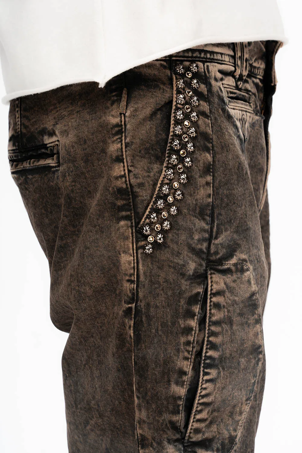 MENS CHINO PANTS WITH STUDS AND CRYSTALS IN BROWN WASH