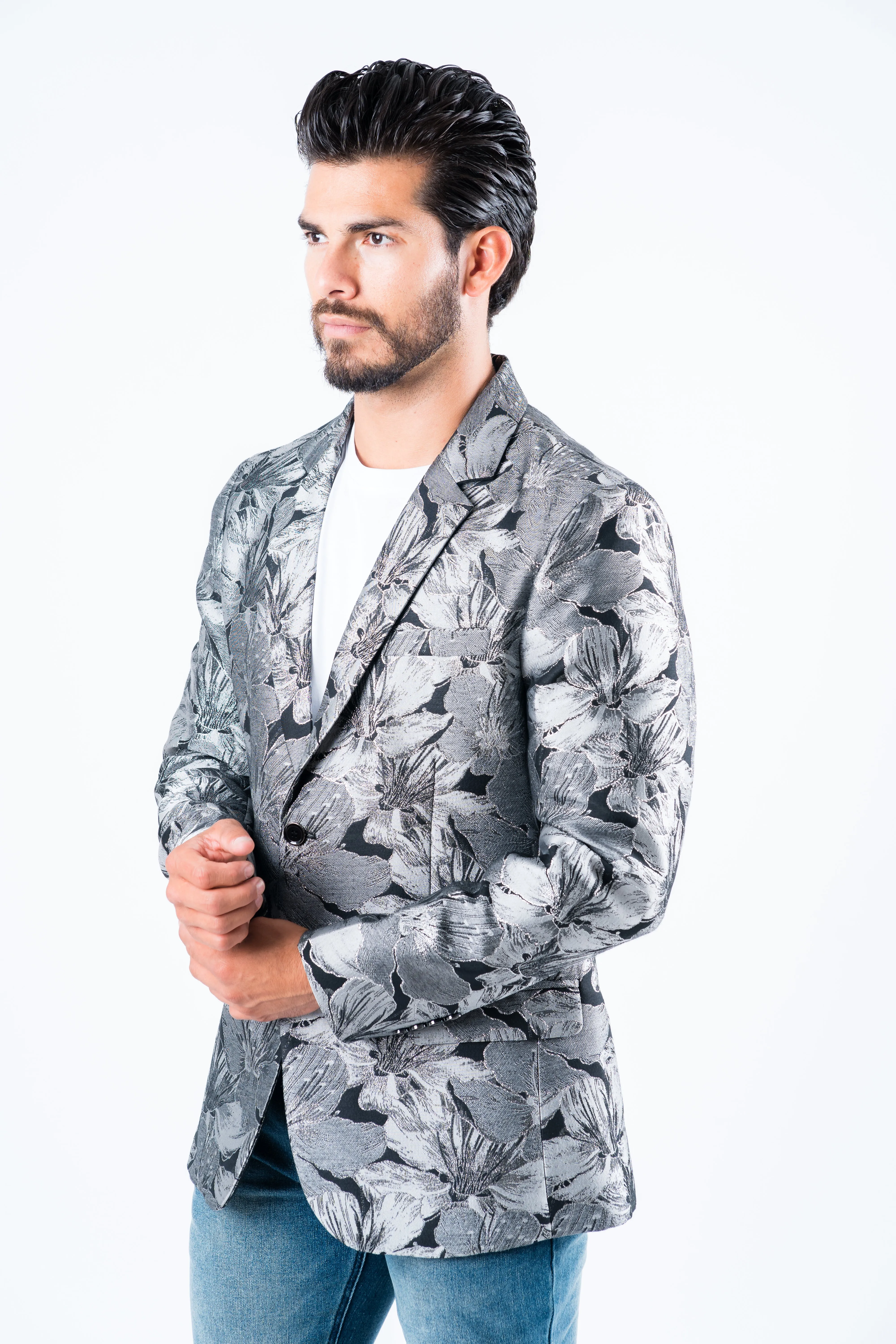 Men's Double Button Black Flowers Print Blazer