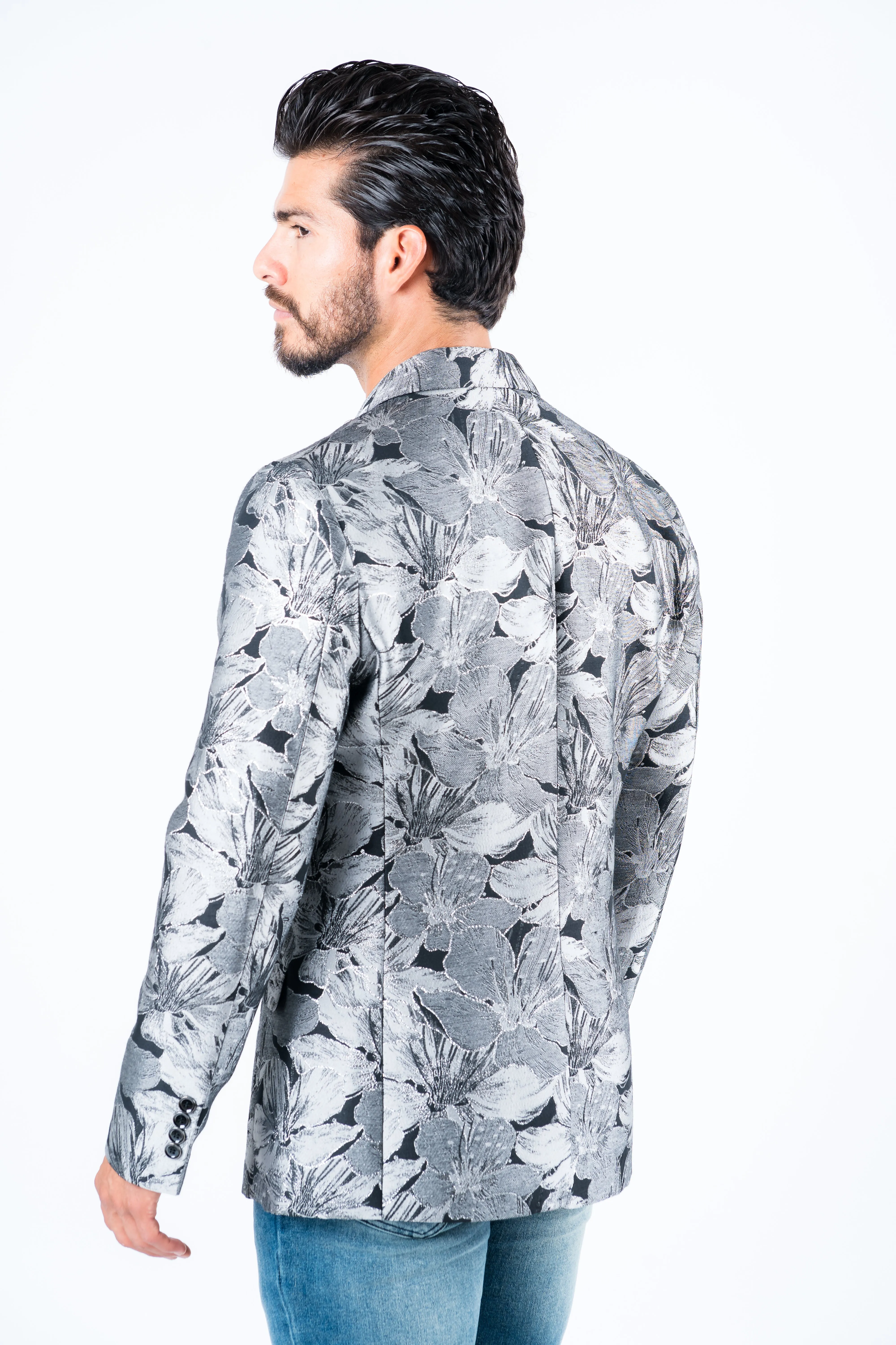 Men's Double Button Black Flowers Print Blazer