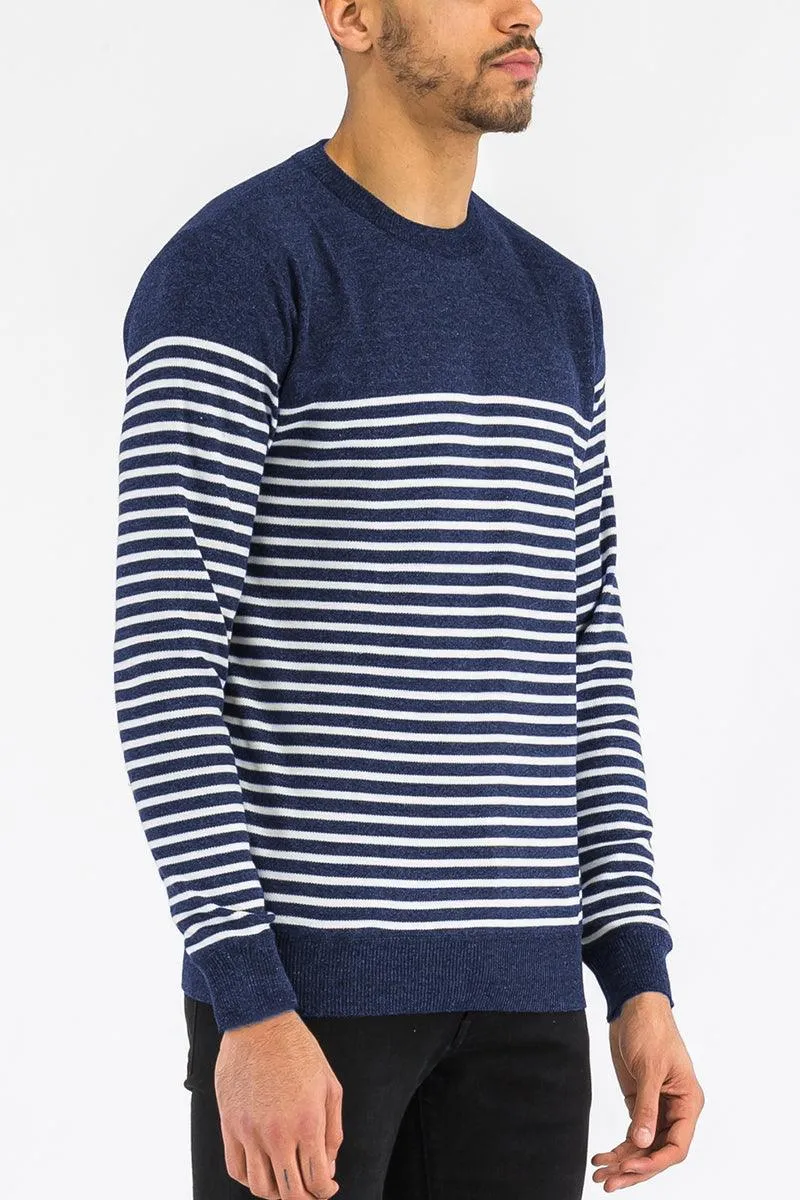 Mens Full Knit Pullover Sweater Navy Blue Striped