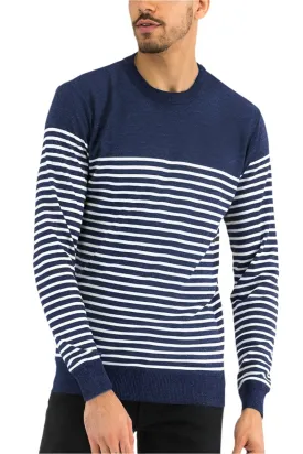 Mens Full Knit Pullover Sweater Navy Blue Striped