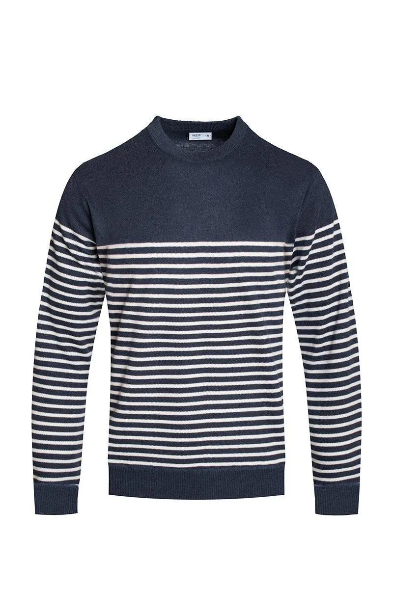 Mens Full Knit Pullover Sweater Navy Blue Striped